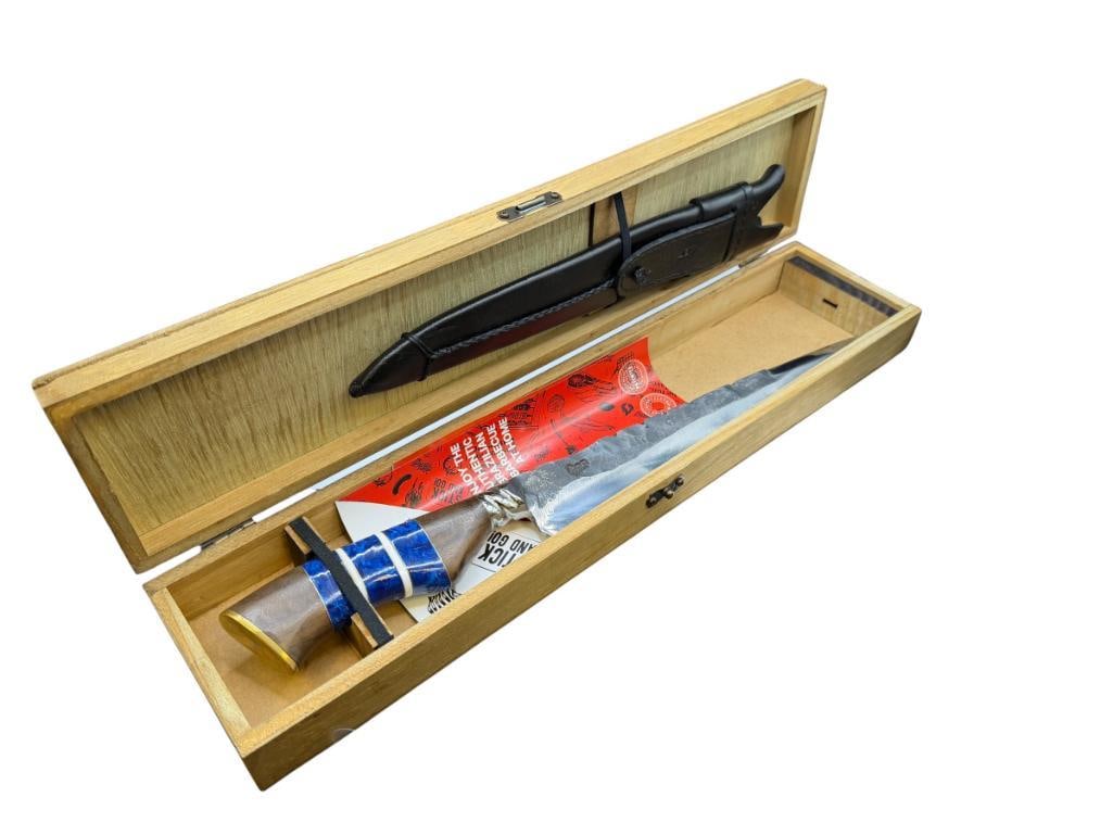 BRAZILLIAN FLAME TREASURE LUXOR STEEL BLADE KNIFE WITH WOOD AND VIBRANT BLUE HANDLE: IN ORIGINAL WOODEN BOX CASE WITH LEATHER SHEATH AND BOOKLET, IN GREAT CONDITION 9 1/2" BLADE, 15" TOTAL LENGTH