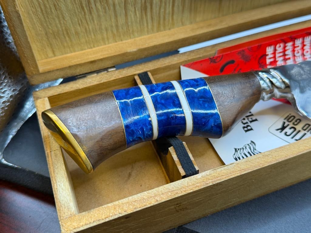 BRAZILLIAN FLAME TREASURE LUXOR STEEL BLADE KNIFE WITH WOOD AND VIBRANT BLUE HANDLE - 6