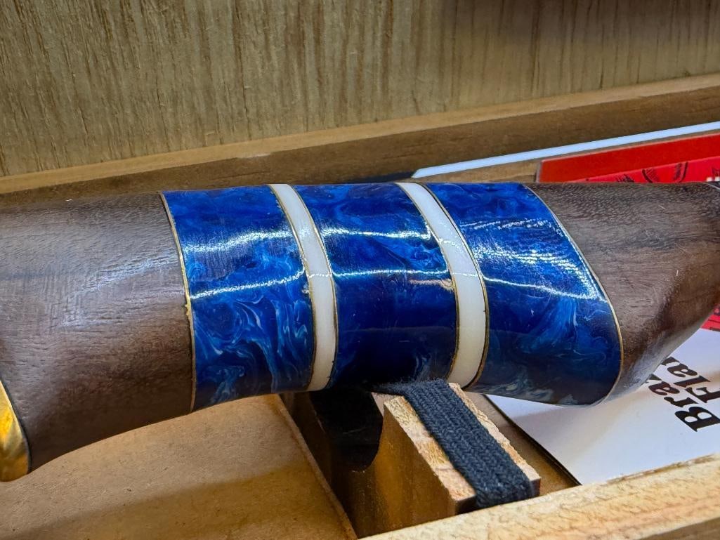 BRAZILLIAN FLAME TREASURE LUXOR STEEL BLADE KNIFE WITH WOOD AND VIBRANT BLUE HANDLE - 7