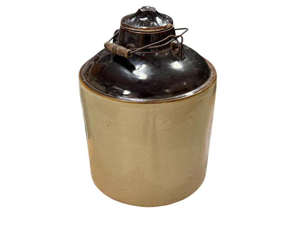 ANTIQUE 1880'S WEIR STONEWARE CANNING CROCK: FEATURING TWO TONE GLAZE, WIRE BAIL AND WOOD HANDLE, SOME CHIPS, POSSIBLY USED FOR MOONSHINE 12" X 12" X 16"