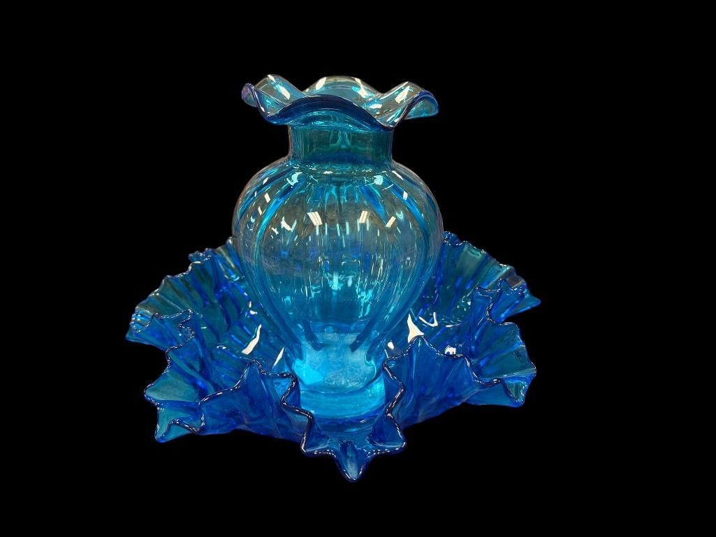 VINTAGE HAND BLOWN ART GLASS BLUE RUFFLED RIM BOWL AND AQUA GLASS VASE: NO CHIPS OR CRACKS 8 1/2" H VASE, 12" BOWL