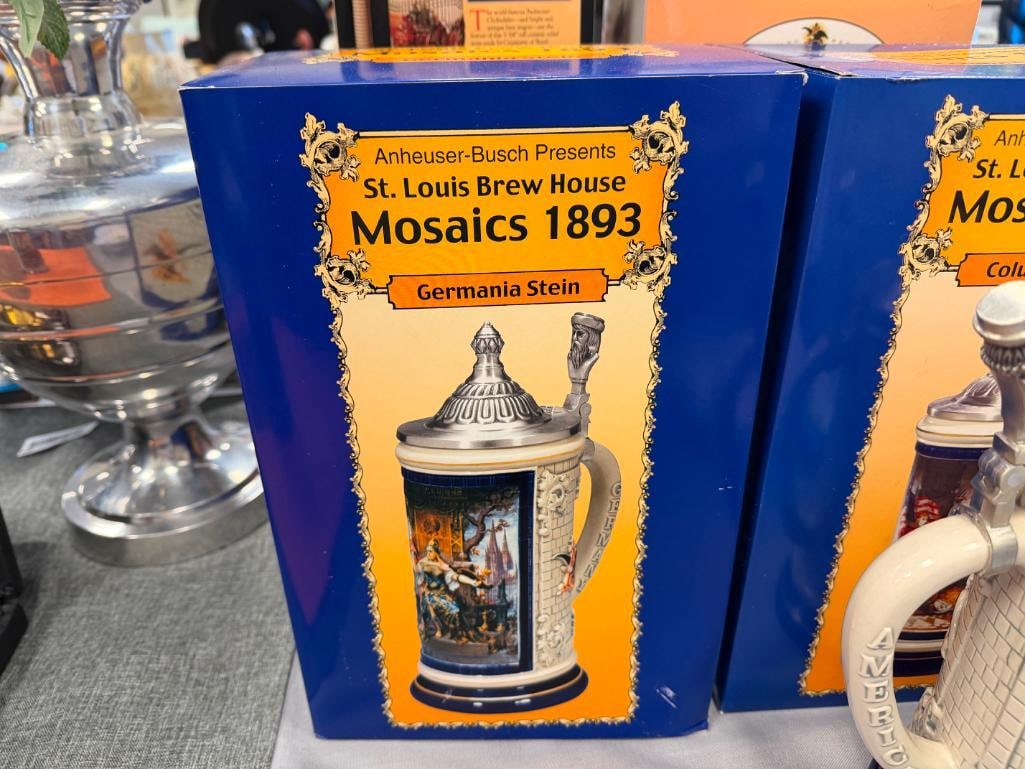 ANHEUSER-BUSCH ST. LOUIS BREW HOUSE MOSAICS 1893 SERIES BEER STEINS WITH CHARACTER PEWTER FLIP LIDS - 13