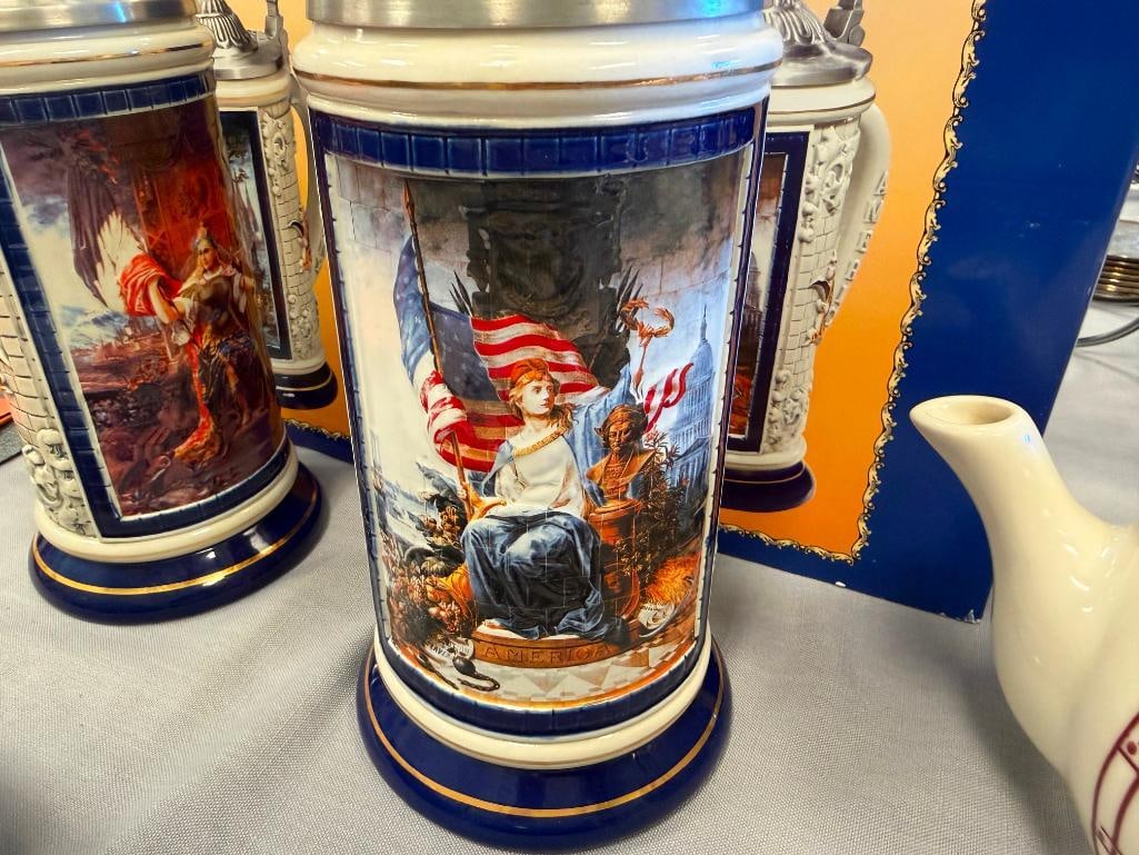 ANHEUSER-BUSCH ST. LOUIS BREW HOUSE MOSAICS 1893 SERIES BEER STEINS WITH CHARACTER PEWTER FLIP LIDS - 14