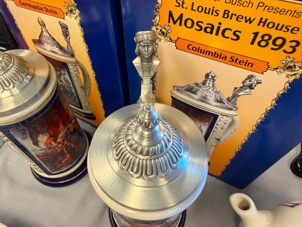 ANHEUSER-BUSCH ST. LOUIS BREW HOUSE MOSAICS 1893 SERIES BEER STEINS WITH CHARACTER PEWTER FLIP LIDS - 15