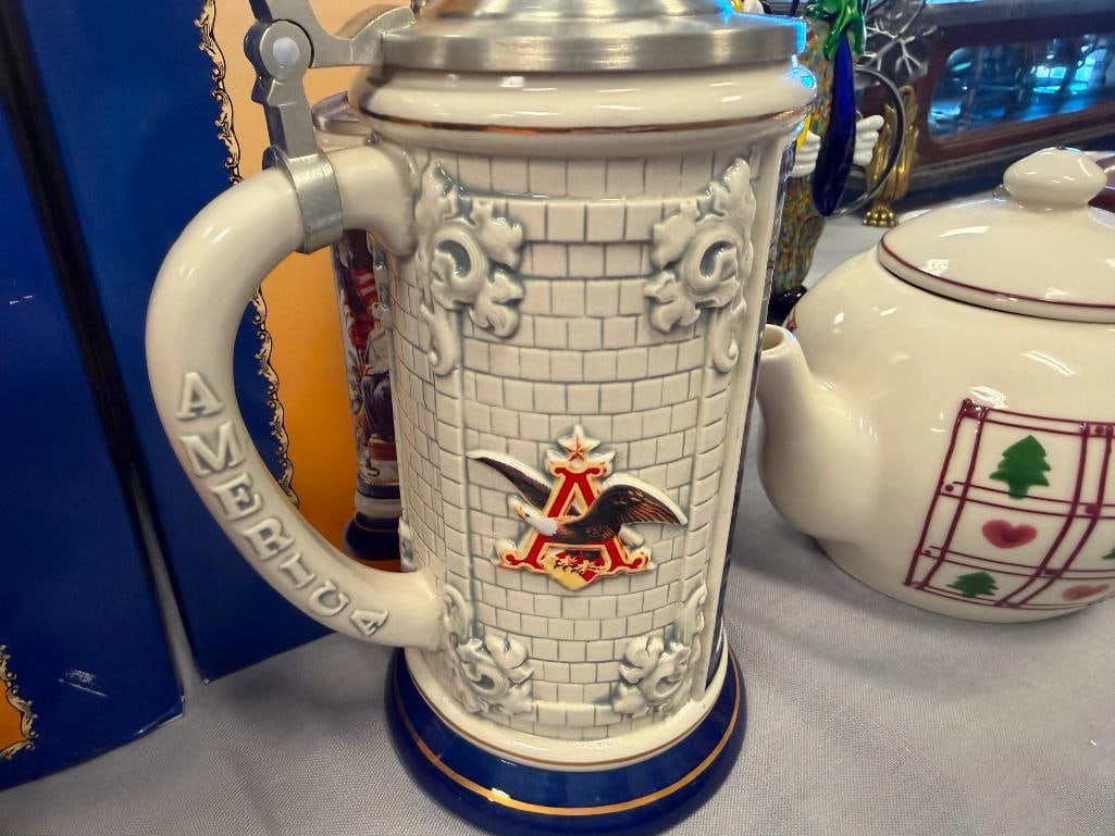 ANHEUSER-BUSCH ST. LOUIS BREW HOUSE MOSAICS 1893 SERIES BEER STEINS WITH CHARACTER PEWTER FLIP LIDS - 16