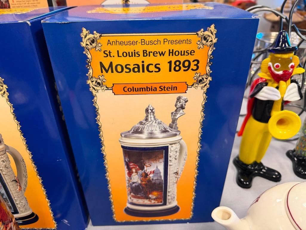 ANHEUSER-BUSCH ST. LOUIS BREW HOUSE MOSAICS 1893 SERIES BEER STEINS WITH CHARACTER PEWTER FLIP LIDS - 18