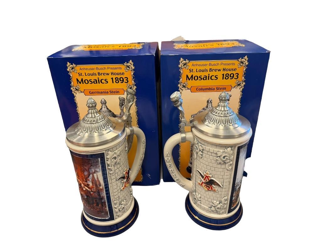 ANHEUSER-BUSCH ST. LOUIS BREW HOUSE MOSAICS 1893 SERIES BEER STEINS WITH CHARACTER PEWTER FLIP LIDS (1 of 19)