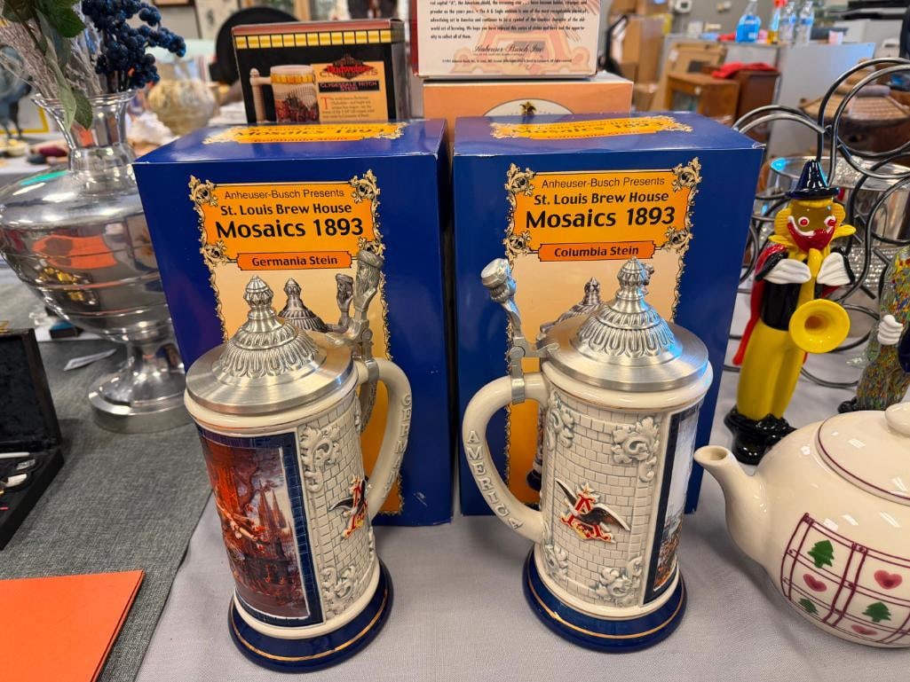 ANHEUSER-BUSCH ST. LOUIS BREW HOUSE MOSAICS 1893 SERIES BEER STEINS WITH CHARACTER PEWTER FLIP LIDS - 2