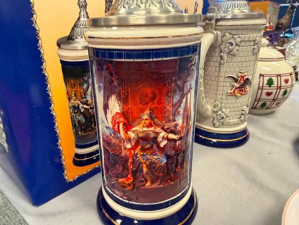 ANHEUSER-BUSCH ST. LOUIS BREW HOUSE MOSAICS 1893 SERIES BEER STEINS WITH CHARACTER PEWTER FLIP LIDS - 3