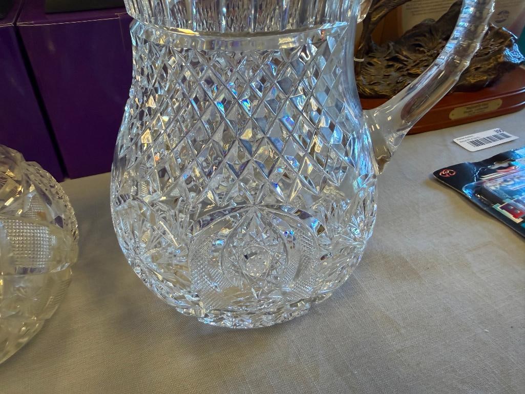 EARLY AMERICAN CUT CRYSTAL PITCHER AND EARLIER HOBSTAR CUT CRYSTAL PITCHER AND COVERED BUTTER DISH - 12
