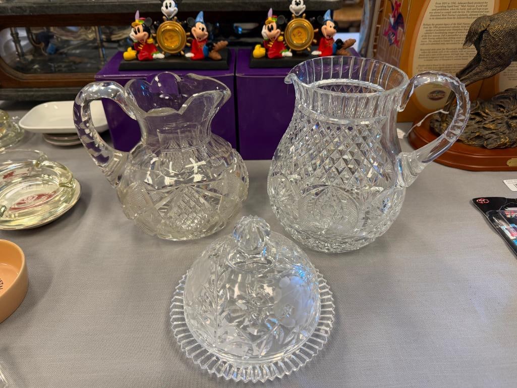 EARLY AMERICAN CUT CRYSTAL PITCHER AND EARLIER HOBSTAR CUT CRYSTAL PITCHER AND COVERED BUTTER DISH - 2