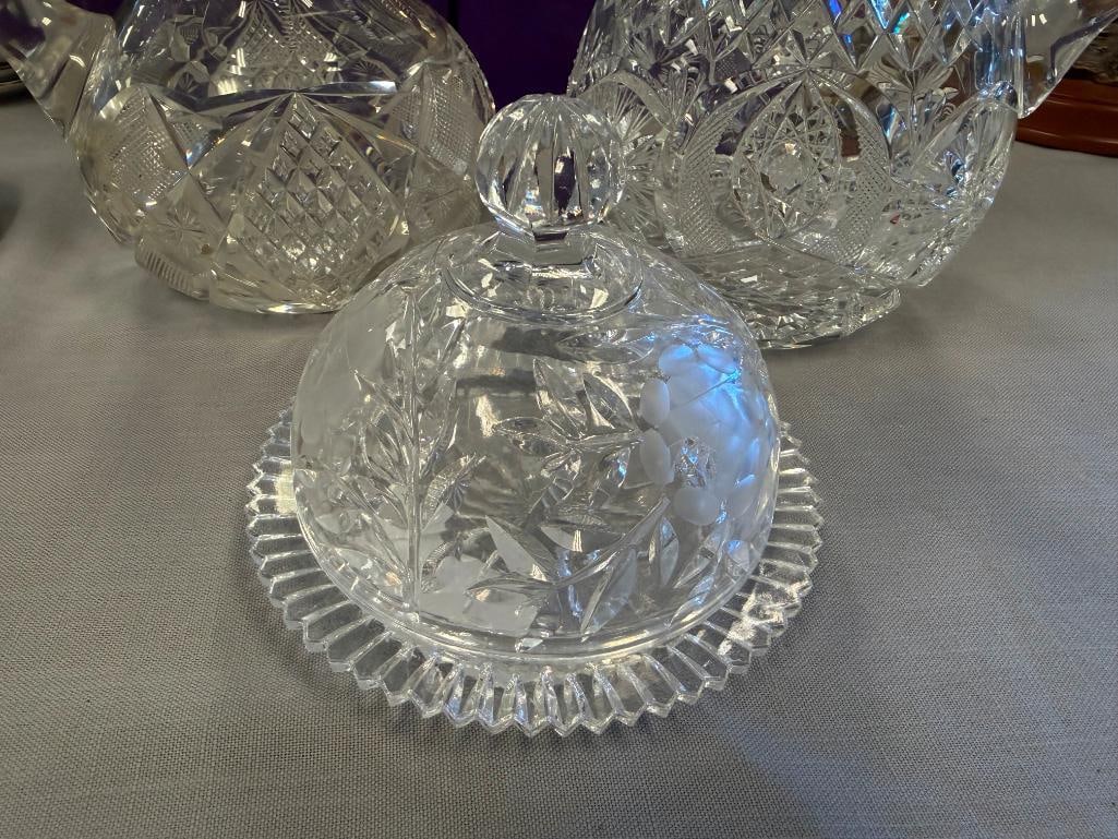 EARLY AMERICAN CUT CRYSTAL PITCHER AND EARLIER HOBSTAR CUT CRYSTAL PITCHER AND COVERED BUTTER DISH - 3