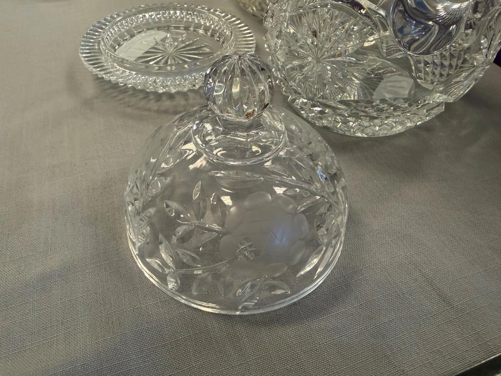 EARLY AMERICAN CUT CRYSTAL PITCHER AND EARLIER HOBSTAR CUT CRYSTAL PITCHER AND COVERED BUTTER DISH - 6