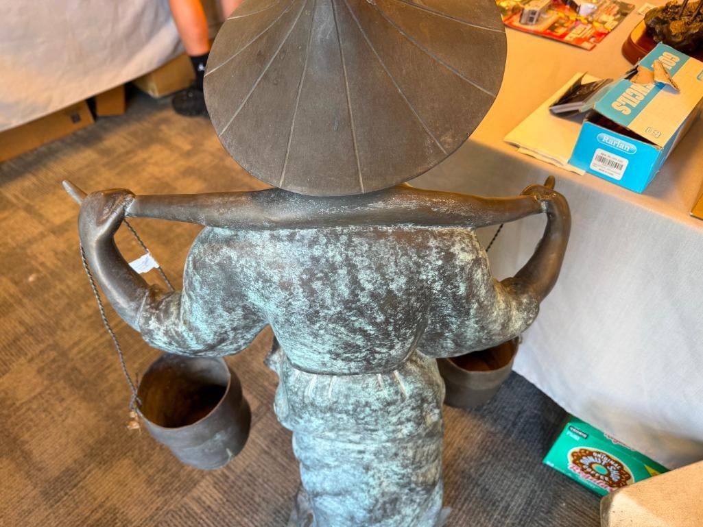 LARGE CAST BRONZE STATUE OF CHINESE MAN CARRYING BUCKETS ON ITS SHOULDERS WITH A YOKE - 14