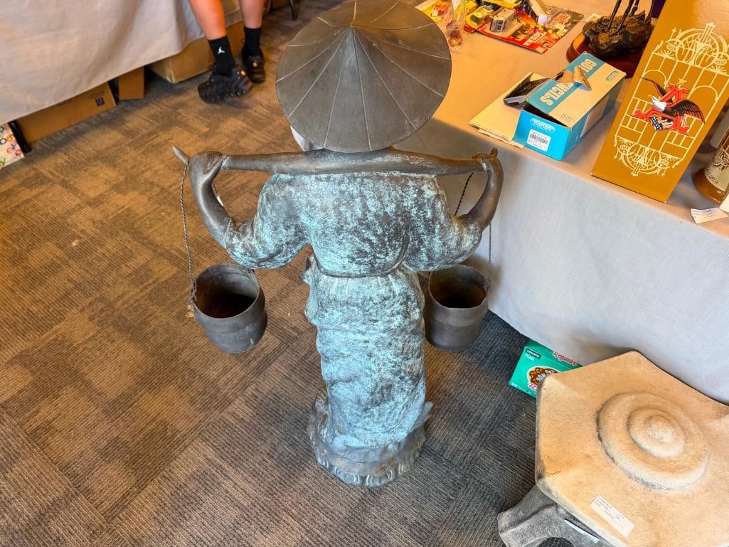 LARGE CAST BRONZE STATUE OF CHINESE MAN CARRYING BUCKETS ON ITS SHOULDERS WITH A YOKE - 15