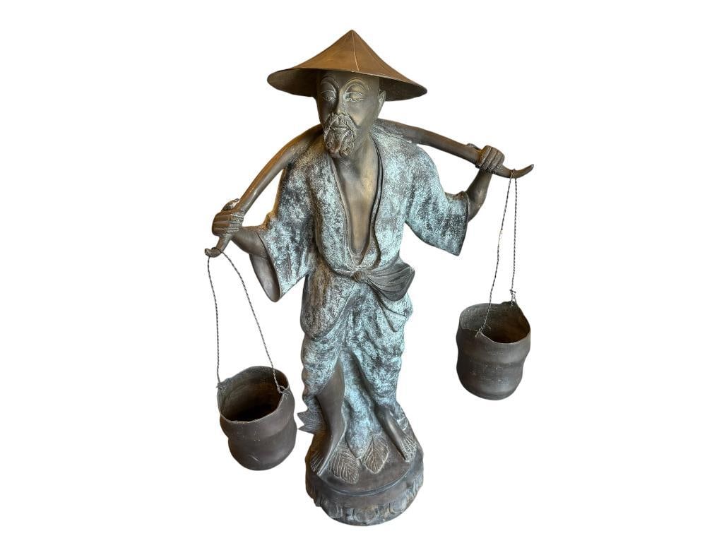 LARGE CAST BRONZE STATUE OF CHINESE MAN CARRYING BUCKETS ON ITS SHOULDERS WITH A YOKE: CAST BRONZE SCULPTURE WITH GREEN PATINA WEATHERED FINISH 41" H