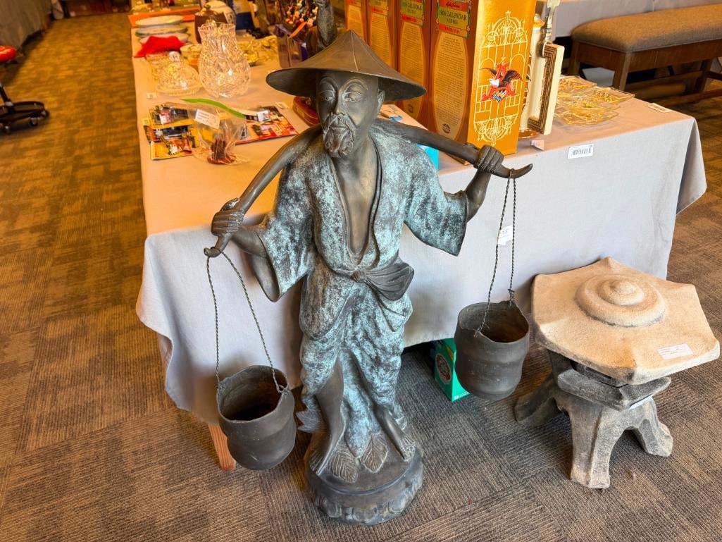 LARGE CAST BRONZE STATUE OF CHINESE MAN CARRYING BUCKETS ON ITS SHOULDERS WITH A YOKE - 2
