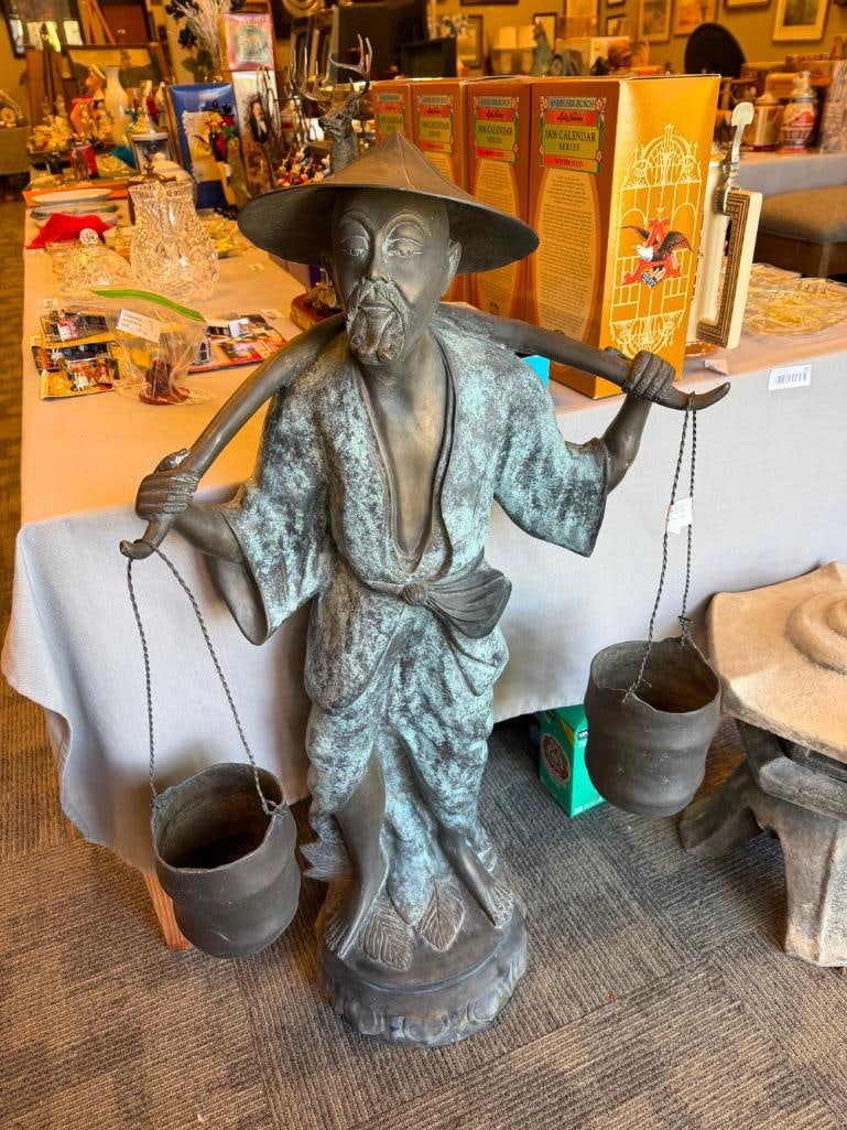 LARGE CAST BRONZE STATUE OF CHINESE MAN CARRYING BUCKETS ON ITS SHOULDERS WITH A YOKE - 3