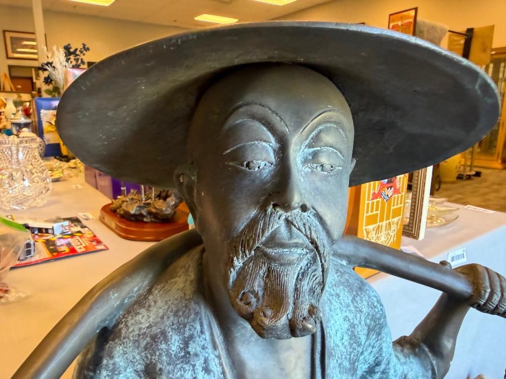 LARGE CAST BRONZE STATUE OF CHINESE MAN CARRYING BUCKETS ON ITS SHOULDERS WITH A YOKE - 5