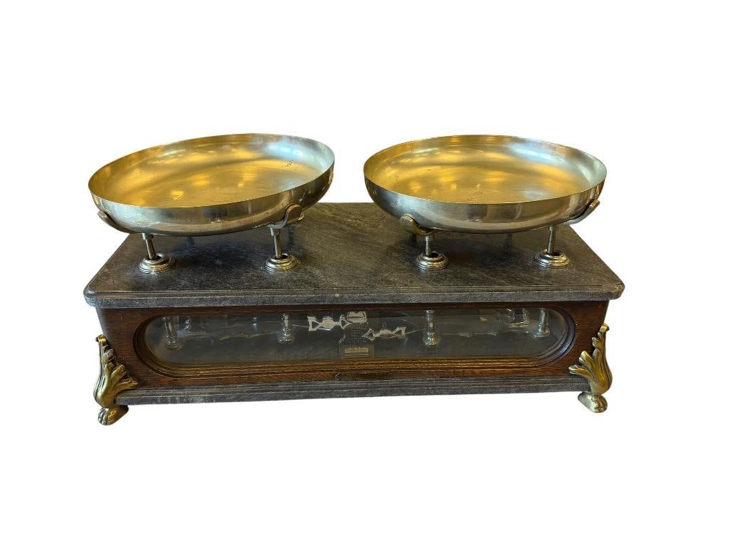 EARLY 20TH CENTURY INDUSTRIAL BALANCE SCALE F. DOMINGO ARCIELLO ARGENTINA NO 2041 MARBLE AND BRASS (1 of 16)