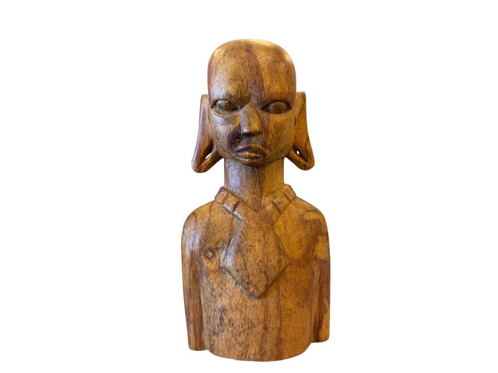 VINTAGE HAND CARVED WOODEN BUST RESEMBLES MASSIM TRIBAL ART FROM TROBRIAND ISALNDS: STYLIZED BUST WITH ELONGATED EARS, CARVED FROM SOLID PIECE OF WOOD 7 1/4" H