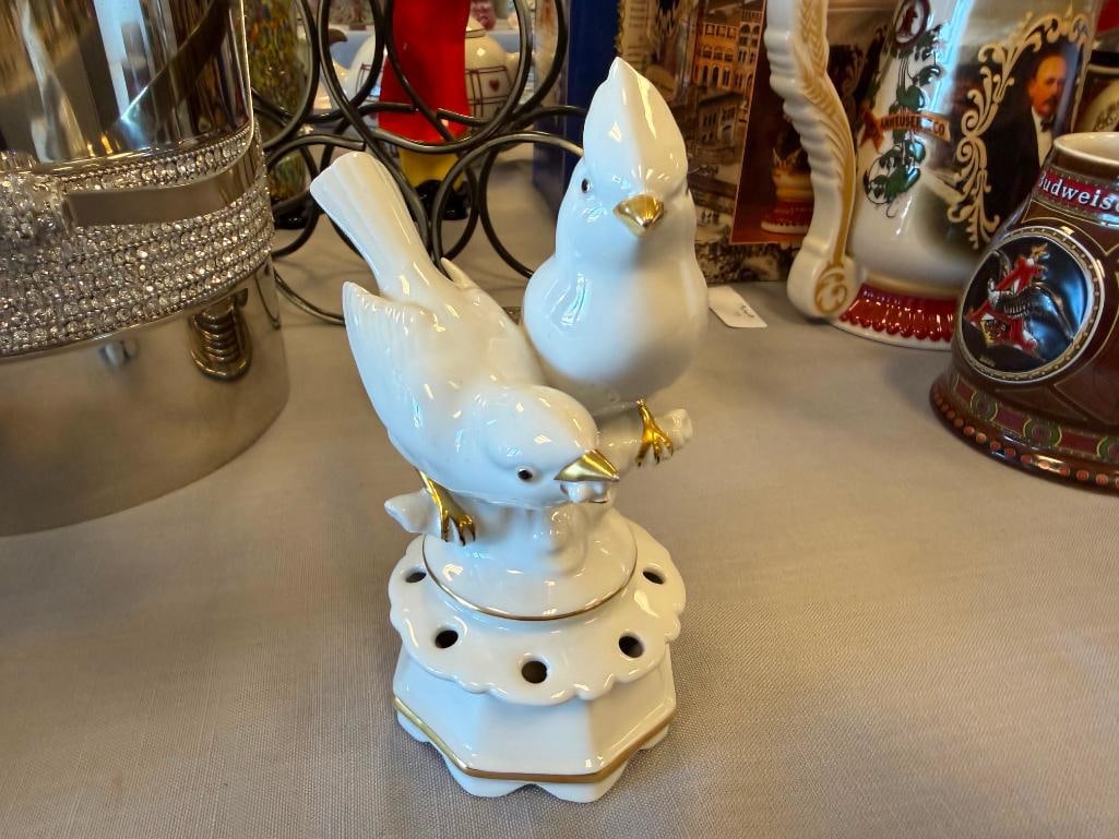VINTAGE GEROLD PORZELLAN PORCELAIN BIRD FIGURAL FLOWER FROG FIGURINE WITH GILT ACCENTS - 2