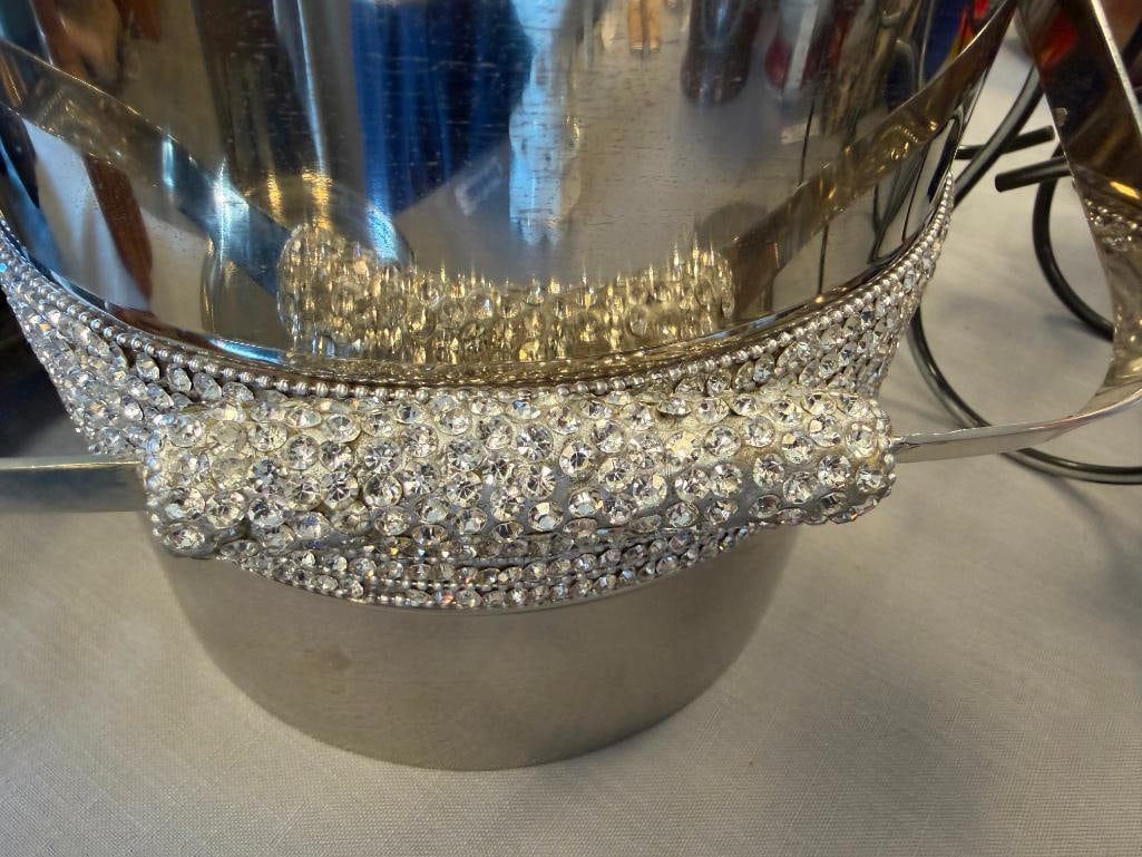 BAR WARE RACHEAL ZOE STAINLESS STEEL BEWJEWELED ICE BUCKET, SIX-PIECE COASTER SET AND WINE RACK - 12
