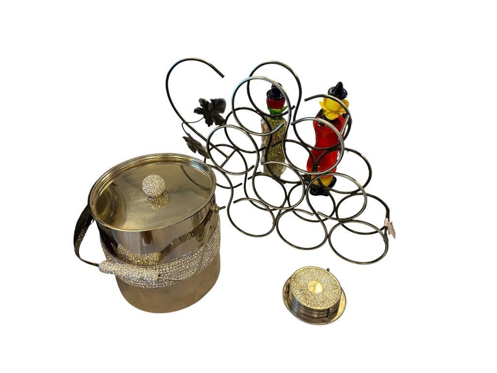 BAR WARE RACHEAL ZOE STAINLEDD STEEL BEWJEWELED ICE BUCKET, SIX-PIECE COASTER SET AND WINE RACK (1 of 14)