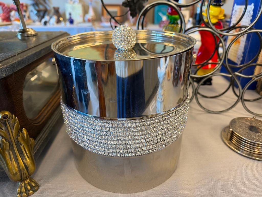 BAR WARE RACHEAL ZOE STAINLESS STEEL BEWJEWELED ICE BUCKET, SIX-PIECE COASTER SET AND WINE RACK - 6