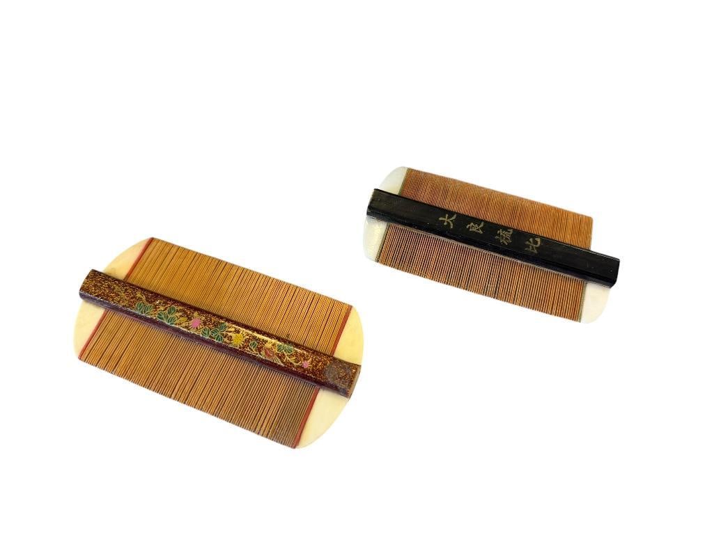 ANTIQUE CHINESE BAMBOO AND BONE DOUBLE-SIDED HAIR COMBS: EACH COMB HAS BAMBOO TEETH AND BONE SIDES, BOTH ARE MARKED, ONE HAS A FLORAL DESIGN, ONE COMB IS DAMAGED MISSING BONE PIECE ON THE SIDE 4" AND 4 1/4" L
