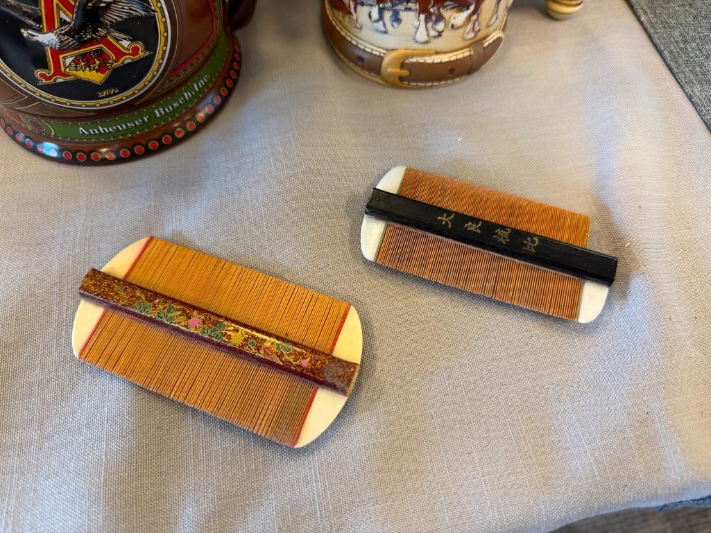 ANTIQUE CHINESE BAMBOO AND BONE DOUBLE-SIDED HAIR COMBS - 2