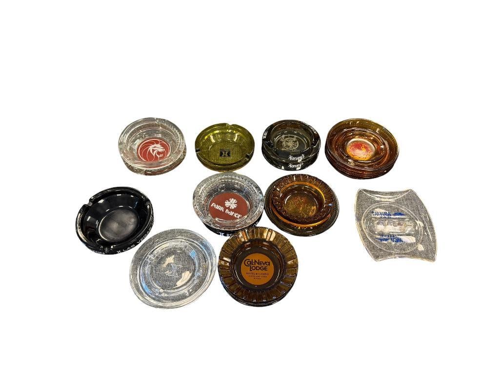 17 ASSORTED GLASS ASHTRAYS FROM HOTELS / CASINOS IN NEVADA CAL-NEVA, SAHARA, HILTON, MGM, HARVEY'S: 4" UP TO 5"
