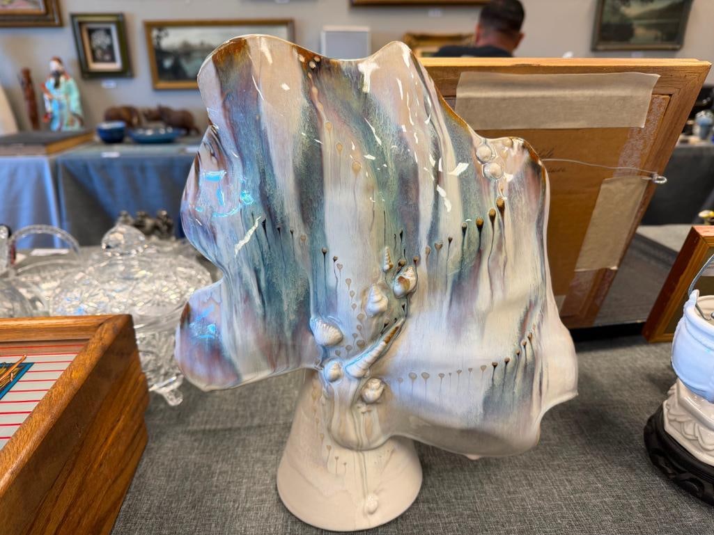20TH CENTURY OCEAN INSPIRED DRIP GLAZE POTTERY VASE, SOAP DISPENSER AND TOOTHBRUSH HOLDER, SIGNED - 12