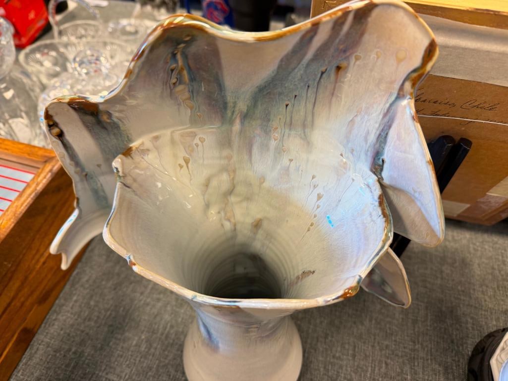 20TH CENTURY OCEAN INSPIRED DRIP GLAZE POTTERY VASE, SOAP DISPENSER AND TOOTHBRUSH HOLDER, SIGNED - 17