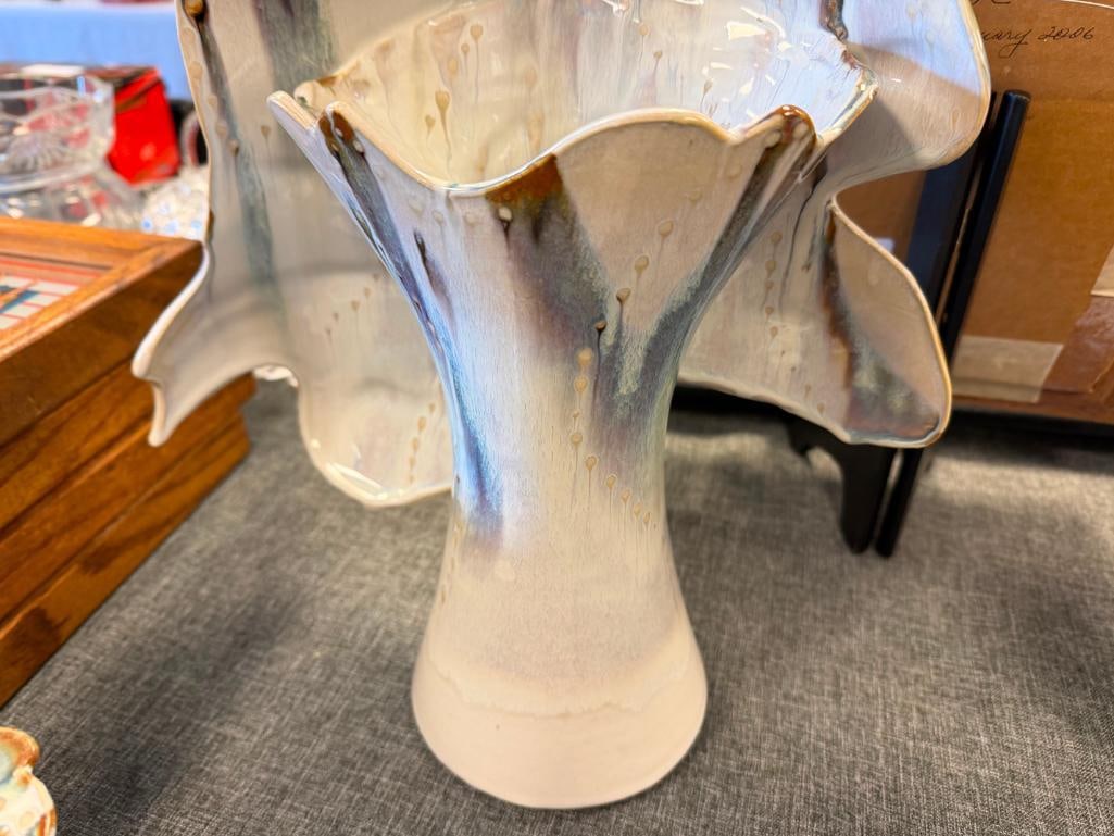 20TH CENTURY OCEAN INSPIRED DRIP GLAZE POTTERY VASE, SOAP DISPENSER AND TOOTHBRUSH HOLDER, SIGNED - 18