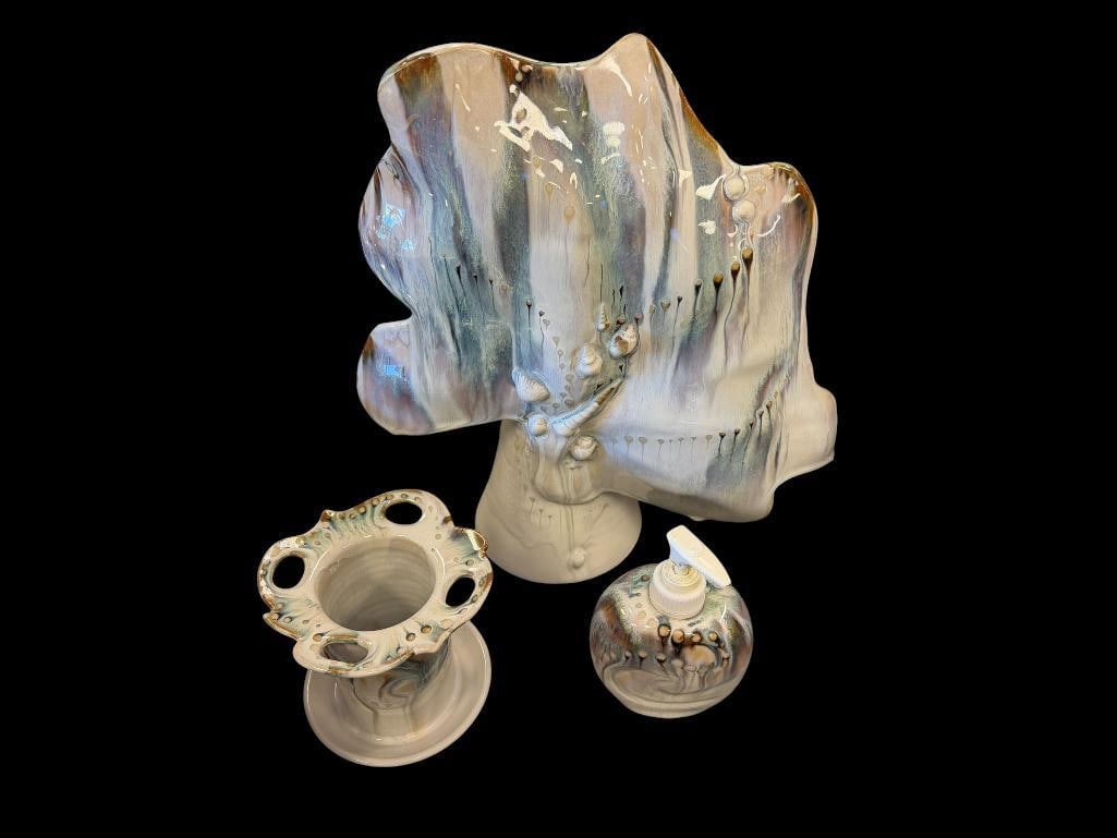 20TH CENTURY OCEAN INSPIRED DRIP GLAZE POTTERY VASE, SOAP DISPENSER AND TOOTHBRUSH HOLDER, SIGNED (1 of 18)