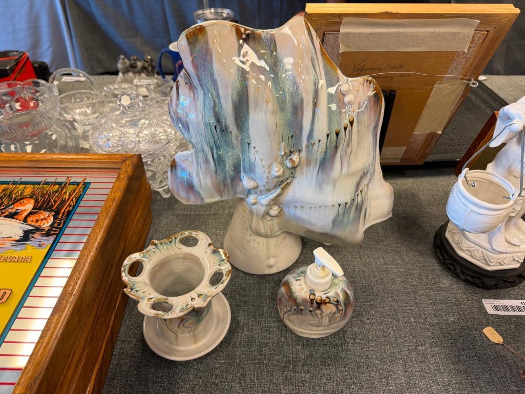 20TH CENTURY OCEAN INSPIRED DRIP GLAZE POTTERY VASE, SOAP DISPENSER AND TOOTHBRUSH HOLDER, SIGNED - 2