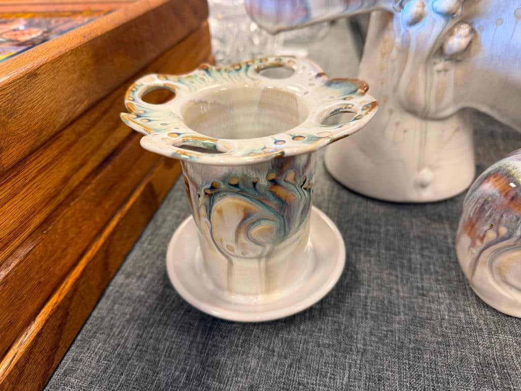 20TH CENTURY OCEAN INSPIRED DRIP GLAZE POTTERY VASE, SOAP DISPENSER AND TOOTHBRUSH HOLDER, SIGNED - 3