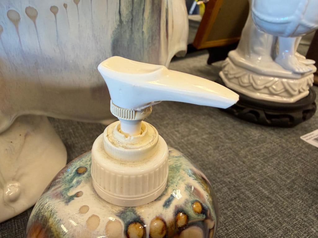 20TH CENTURY OCEAN INSPIRED DRIP GLAZE POTTERY VASE, SOAP DISPENSER AND TOOTHBRUSH HOLDER, SIGNED - 9