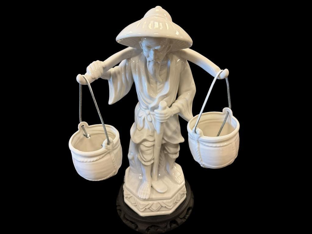 WHITE GLAZED PORCELAIN CHINESE FIGURE OF A MAN HOLDING BUCKET WITH A YOKE (1 of 11)