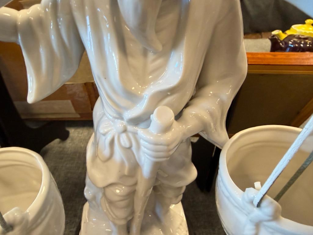 WHITE GLAZED PORCELAIN CHINESE FIGURE OF A MAN HOLDING BUCKET WITH A YOKE - 4