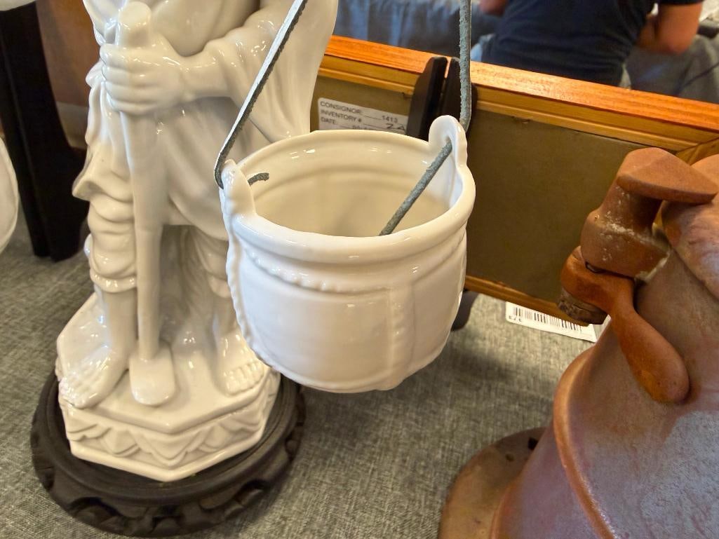WHITE GLAZED PORCELAIN CHINESE FIGURE OF A MAN HOLDING BUCKET WITH A YOKE - 9