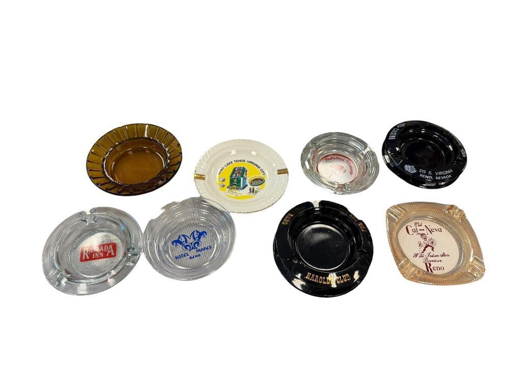 TEN VINTAGE RENO, NV CASINO / HOTEL GLASS ASHTRAYS MAPES, HAROLDS CLUB, PONDEROSA, RAMADA, CAL-NEVA: 4" UP TO 4 1/2" ROUND