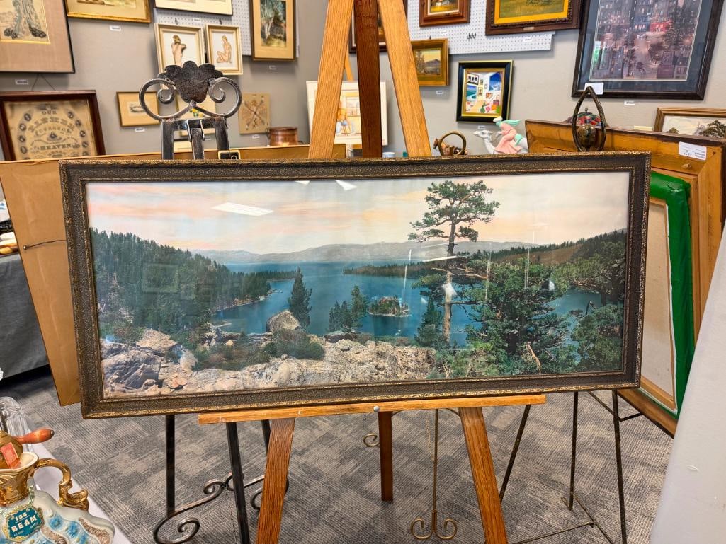 GEORGE WHARTON JAMES 20TH CENTURY HAND COLORED PANORAMIC PHOTOGRAPH VIEW OF EMERALD BAY, LAKE TAHOE: ART DEPICTS PANORAMIC / BIRDSEYE VIEW OF EMERALD BAY, FRAMED 42 1/2" X 18" FRAME