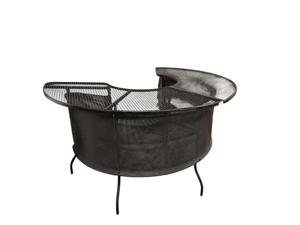 BLCK METAL MESH 3/4 CIRCLE OUTDOOR / PATIO BAR TABLE WITH TWO INTERIOR SHELVES: FEATURES A BLACK MESH FABRIC WRAP ALONG THE FRONT AND SIDES, CAN ACCOMMODATE UP TO SIX CHAIRS, NO CHAIRS INCLUDED APPROX. 72" X 72" X 39"