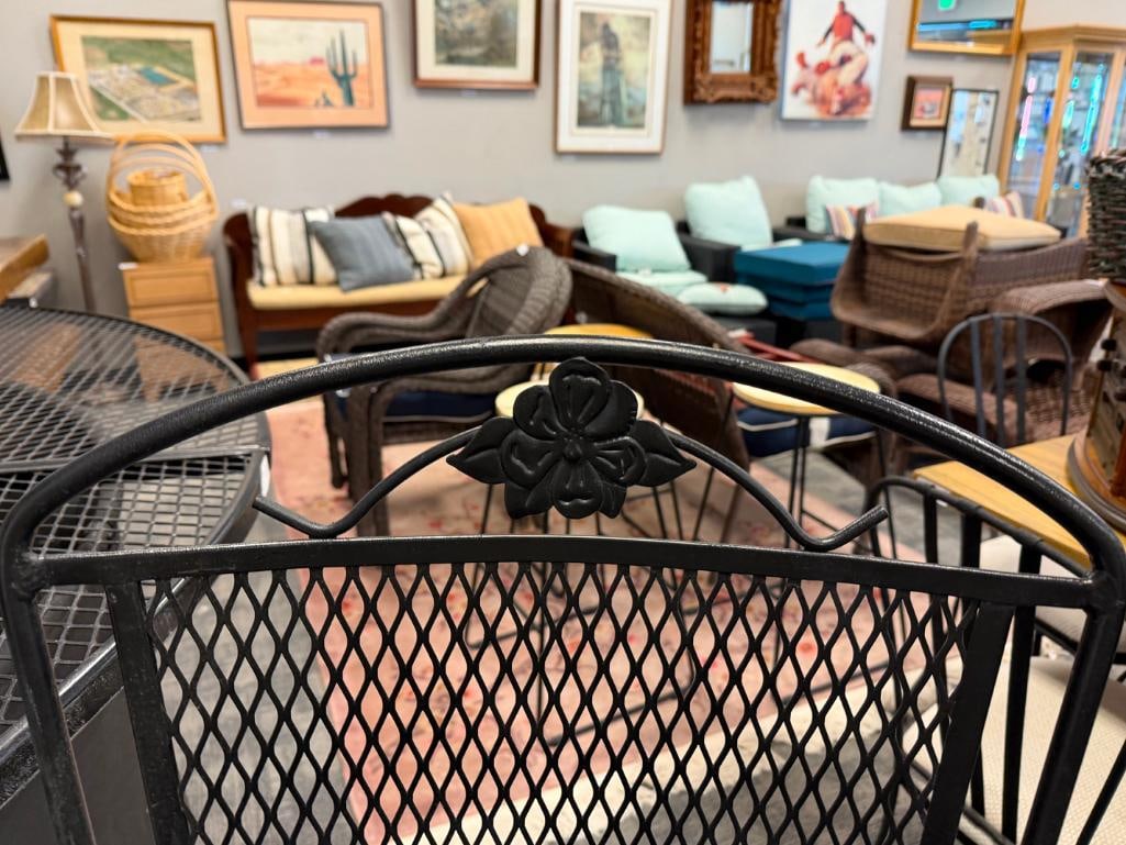 PAIR OF BLACK METAL MESH ROUND OUTDOOR / PATIO PUB HEIGHT CHAIRS WITH FLORAL DESIGN BACK - 10