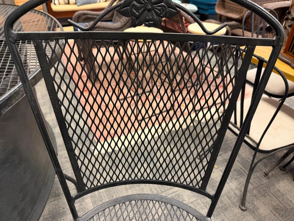 PAIR OF BLACK METAL MESH ROUND OUTDOOR / PATIO PUB HEIGHT CHAIRS WITH FLORAL DESIGN BACK - 11