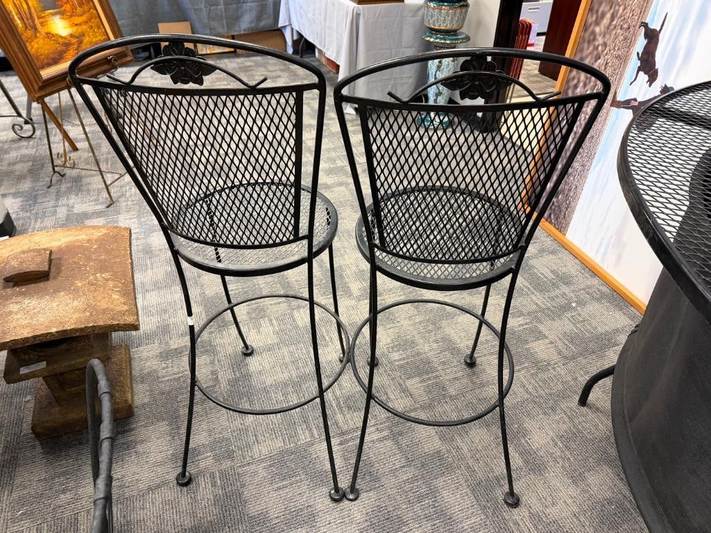 PAIR OF BLACK METAL MESH ROUND OUTDOOR / PATIO PUB HEIGHT CHAIRS WITH FLORAL DESIGN BACK - 12