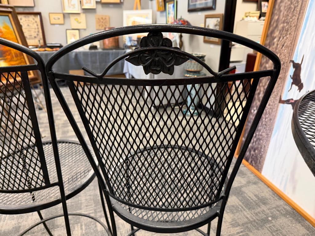 PAIR OF BLACK METAL MESH ROUND OUTDOOR / PATIO PUB HEIGHT CHAIRS WITH FLORAL DESIGN BACK - 13