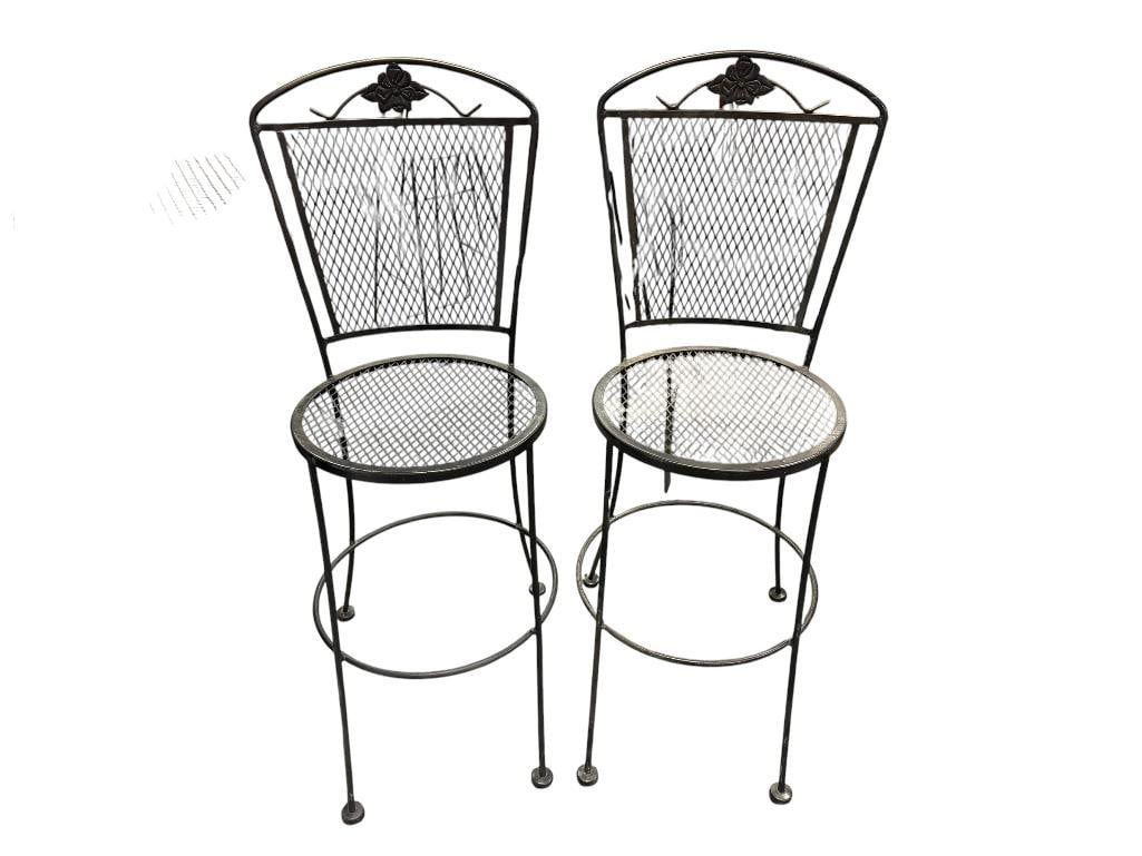 PAIR OF BLACK METAL MESH ROUND OUTDOOR / PATIO PUB HEIGHT CHAIRS WITH FLORAL DESIGN BACK: FIXED SEATS 29" SEAT HEIGHT